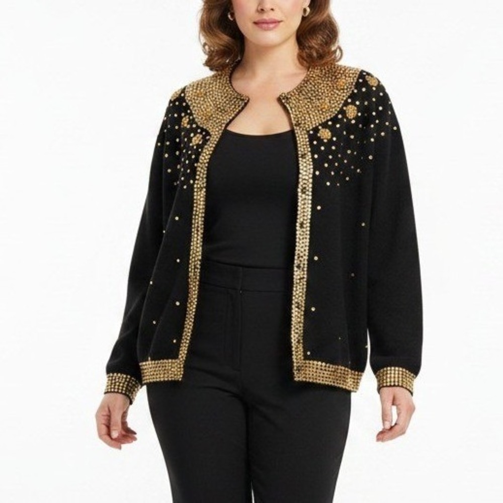 VTG 80s Lambswool Heavily Sequined Knit Bomber Cardigan Jacket Black Gold EU 46